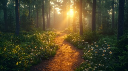 Sunlit path through a lush forest. Flowers bloom, trees stand tall, light streams through