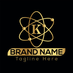 This atomic symbol vector illustration icon represents the science of an atom with its nucleus and orbiting electrons, a design often used to signify nuclear energy and K logo design