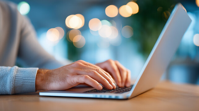 Close Up Of Person Typing On Laptop Keyboard With Selective Focus And Bokeh Background