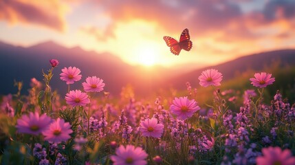 Butterfly flits above a vibrant flower field during sunset with hazy mountains background