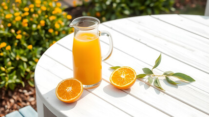 Fresh orange juice in glass jug on white wooden table outdoors