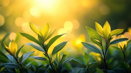 Plant sprouts glow in warm sunlight, creating a serene, natural ambience with blurred background