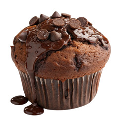 Decadent Chocolate Chip Muffin with Drizzled Chocolate Sauce isolated PNG or Transparency Background
