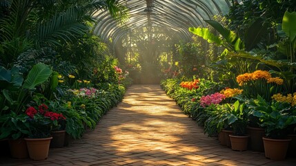 Lush greenhouse walkway with vibrant flowers and diverse foliage