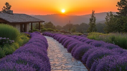 Lavender path leads towards sunset over mountains, alongside house in scenic landscape