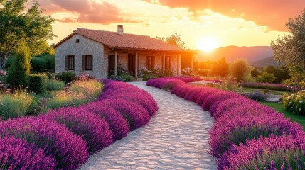 Serene stone house with lavender path at sunset, idyllic and peaceful countryside scene