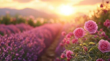 Blooming pink roses and lavender field under a golden sunset against a blurred mountain backdrop