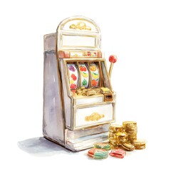 Watercolor Painting of a Classic Slot Machine with Gold Coins and Candies. A whimsical illustration perfect for gambling, luck, or fortune themes.