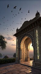 Archway of Serenity: A historic archway stands majestically, its intricate architecture framing a tranquil landscape beneath a sky dotted with birds, invoking a sense of timelessness and peace.