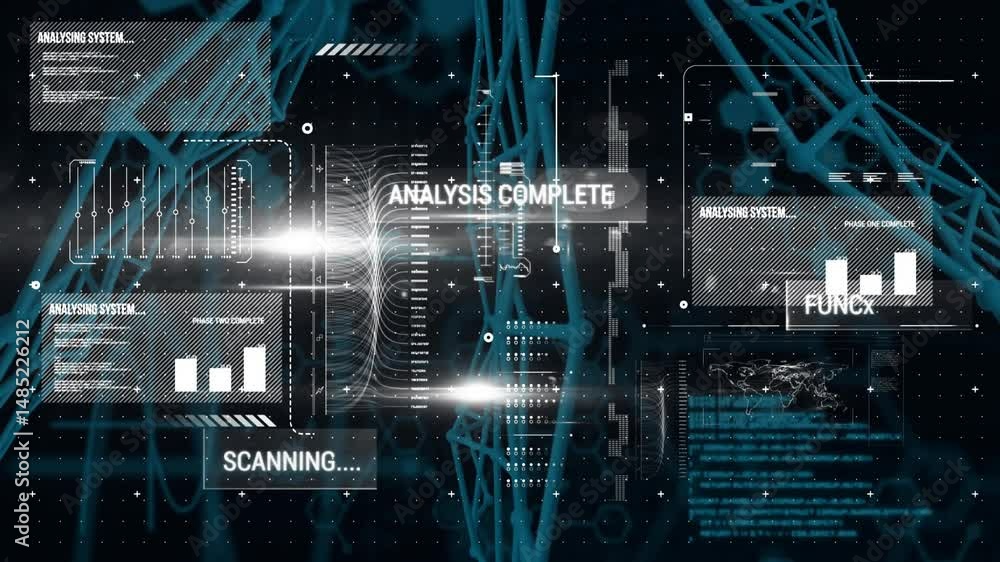 Aufkleber animated interface displaying glowing molecular helix with scrolling data panels and charts