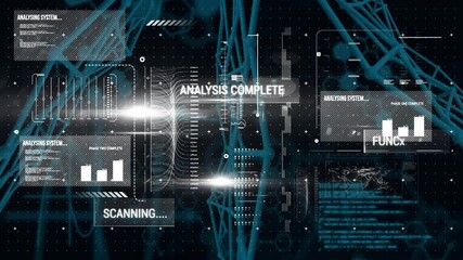 Animated interface displaying glowing molecular helix with scrolling data panels and charts - Powered by Adobe