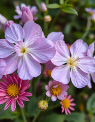 Fototapeta premium Macro shot of vibrant blossoms in a floral photo mosaic, dinamic scene. with white shades