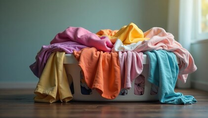 Overfilled laundry basket overflowing with clothes , housework, clothes, underwear