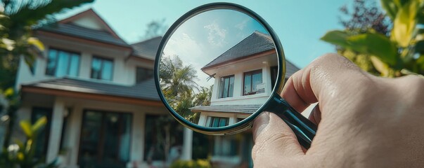 A hand holding a magnifying glass focusing on a section of a large modern house exterior