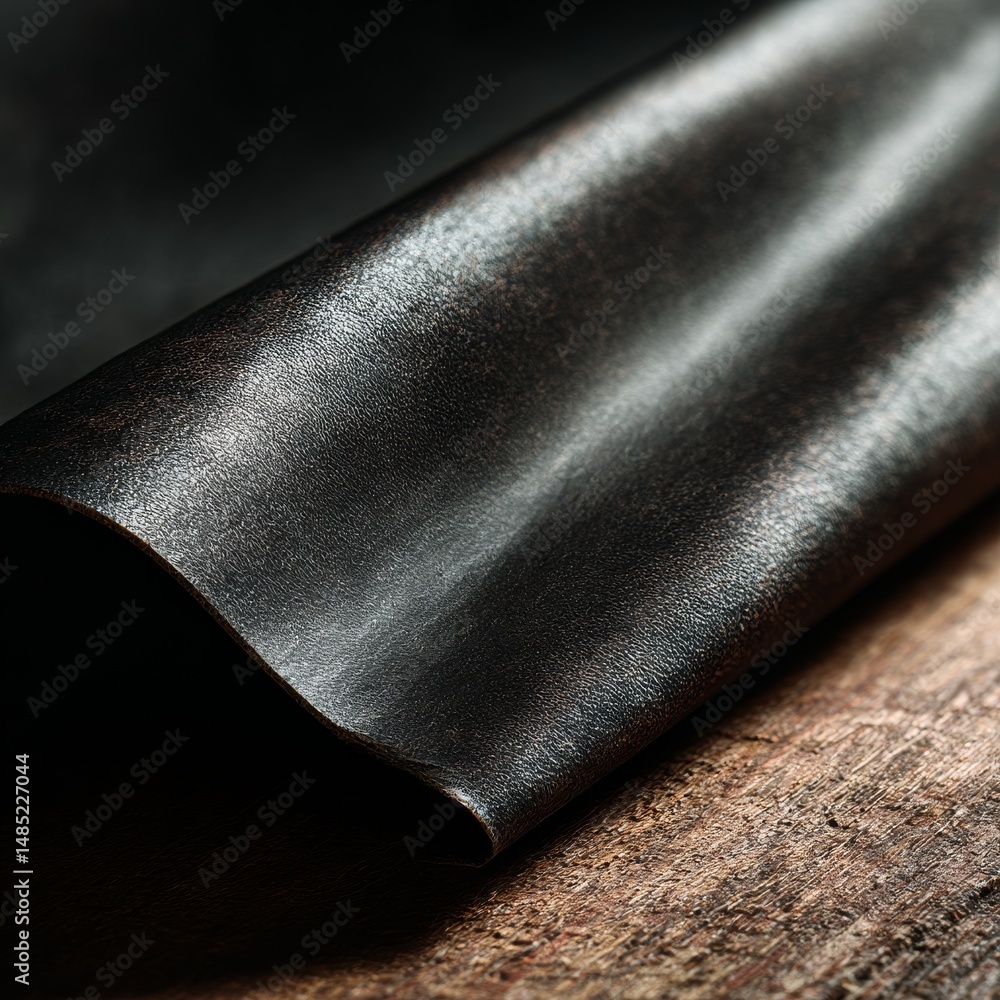 Aufkleber Abstract Close-up of Rolled, Distressed Black Leather Material with Subtle Texture on Wood Surface.