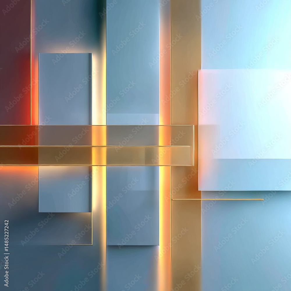 Poster abstract geometric composition: soft hues, golden accents, and subtle textures creating a modern vis