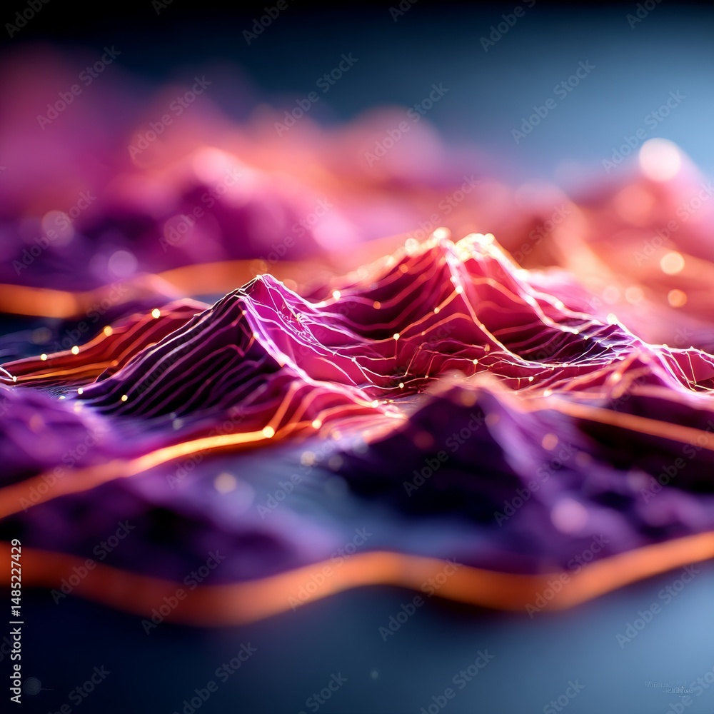 Poster abstract landscape: glowing lines and nodes on wavy purple and orange terrain