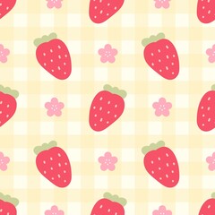Cute seamless pattern with strawberries and pink flowers on yellow gingham background. Fresh and playful fruit design, great for kids, fabric, wrapping paper, and summer projects.