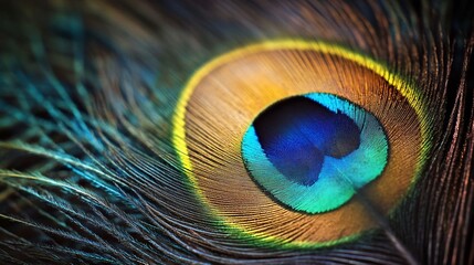 Fototapeta premium Peacock Feather: A Close-Up of Iridescent Blues and Golden Hues