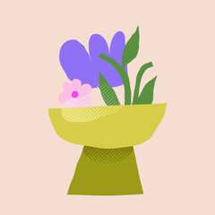 Vector paper cutout flat vase with abstract flowers bouquet in pastel tones, featuring halftone texture and collage style. Minimalist hand drawn illustration for posters, invitations, and web design