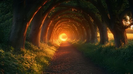 Tree-lined path creates a tunnel effect with sunlight shining through the end on a peaceful day