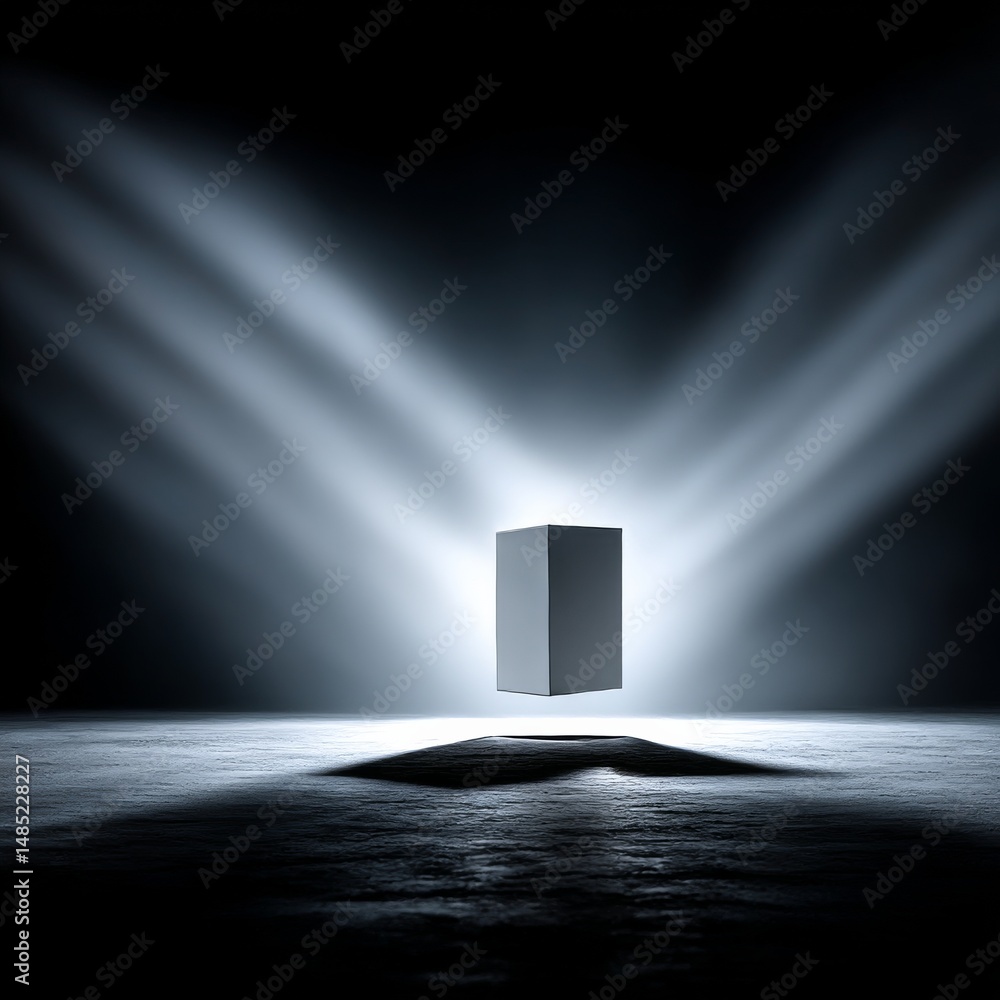 Poster a mysterious box floating above a concrete floor, bathed in ethereal light beams from the above.