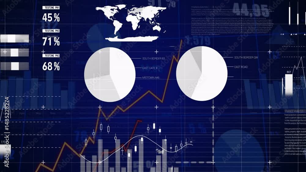 Aufkleber dashboard showing 3d render finance with world map labels, pie charts, line and candlestick charts