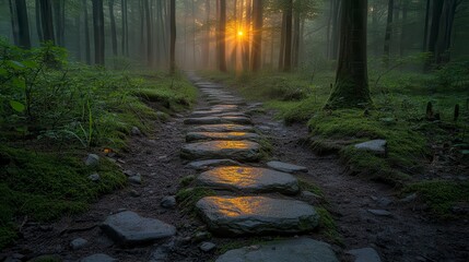 Forest path with sunlight breaking through trees, illuminating the stone trail
