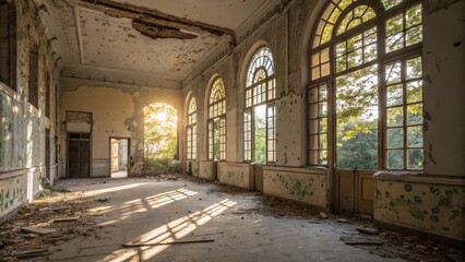 Abandoned Room: A once grand room, now in a state of disrepair, its sunlit windows casting long shadows, evoking a sense of history and mystery. The peeling paint, crumbling walls.