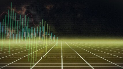 Neon 3D data viz showing glowing grid stretching toward horizon, with neon bars, pink line graph - Powered by Adobe