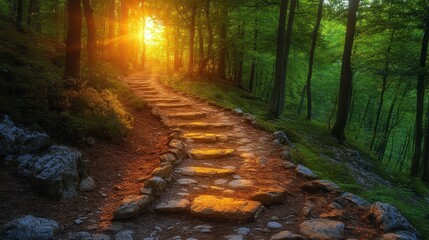 Sunlit stone steps winding through lush forest trees, evoking serenity