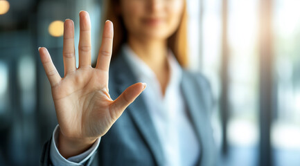 Businesswoman holding hand up in stop gesture in office setting, perfect for boundaries, digital security or assertive leadership themes