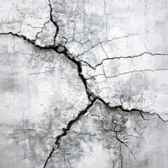 Obraz premium Cracked Concrete Wall: A Detailed View of a Severely Damaged White Surface Showing Deep, Irregular Fractures and Crumbling Textures