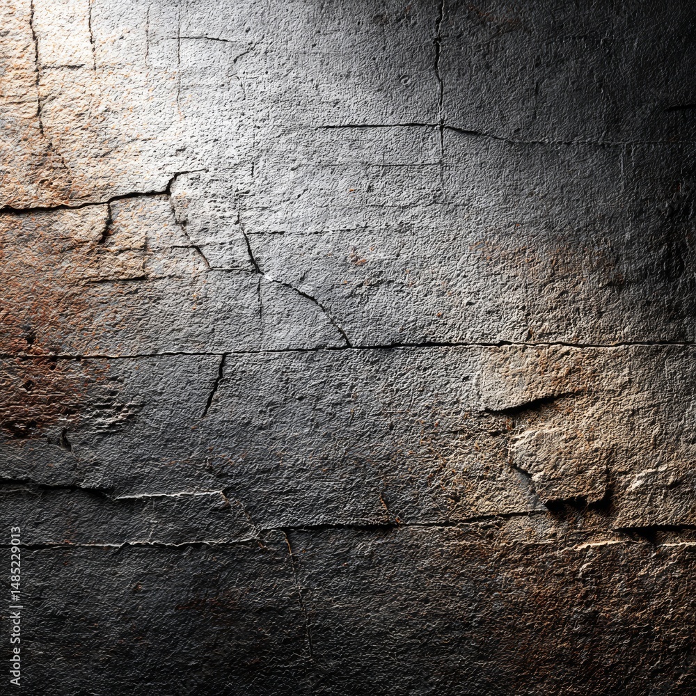 Aufkleber cracked and weathered stone wall with light and shadow - a textured background in grayscale and eart
