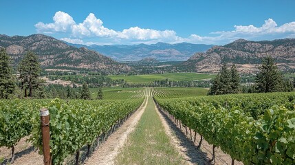 Vineyard rows lead to mountains under a blue sky with scattered clouds