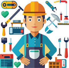 set of funny cartoon builder worker