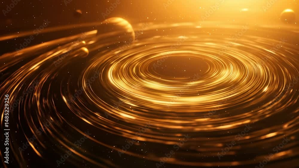 Poster abstract animated golden spiral ring rotating with planets and particles