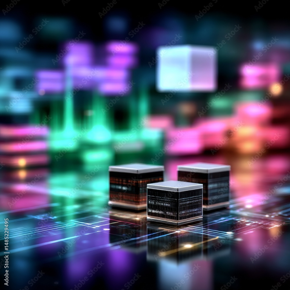 Leinwandbilder data cubes: abstract computing nodes in a futuristic holographic digital landscape with vibrant neon