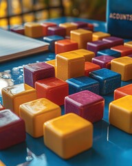 Abstract Arrangement of Colorful Glossy Blocks Representing Financial Data and Business Concepts red
