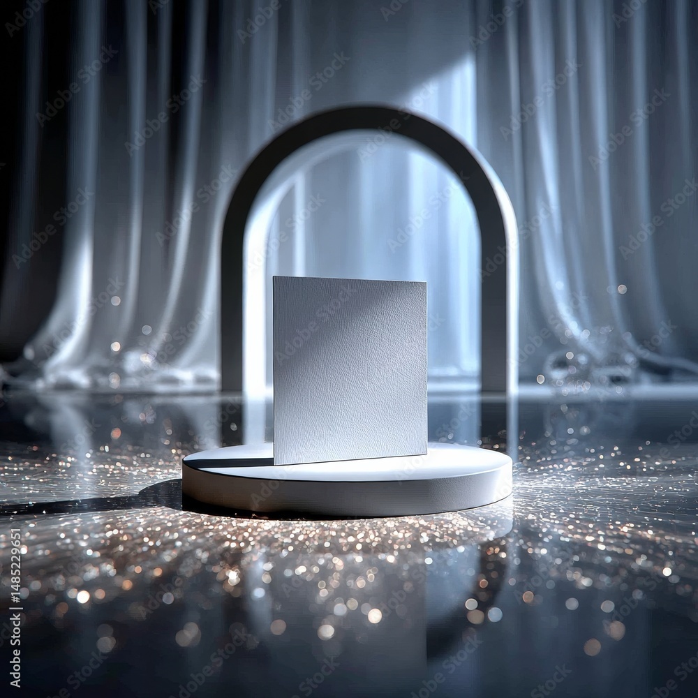 Poster elegant product display: minimalist white cube on round podium with glittering floor and dramatic ar