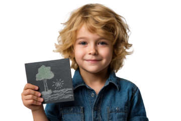  smiling child showing drawing of tree and sun isolated on white background