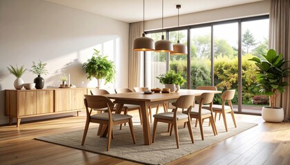 Cozy Dining Room with Natural Light and Wooden Furniture