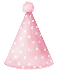 Watercolor pink polka dot birthday party hat with pom pom on a transparent background.