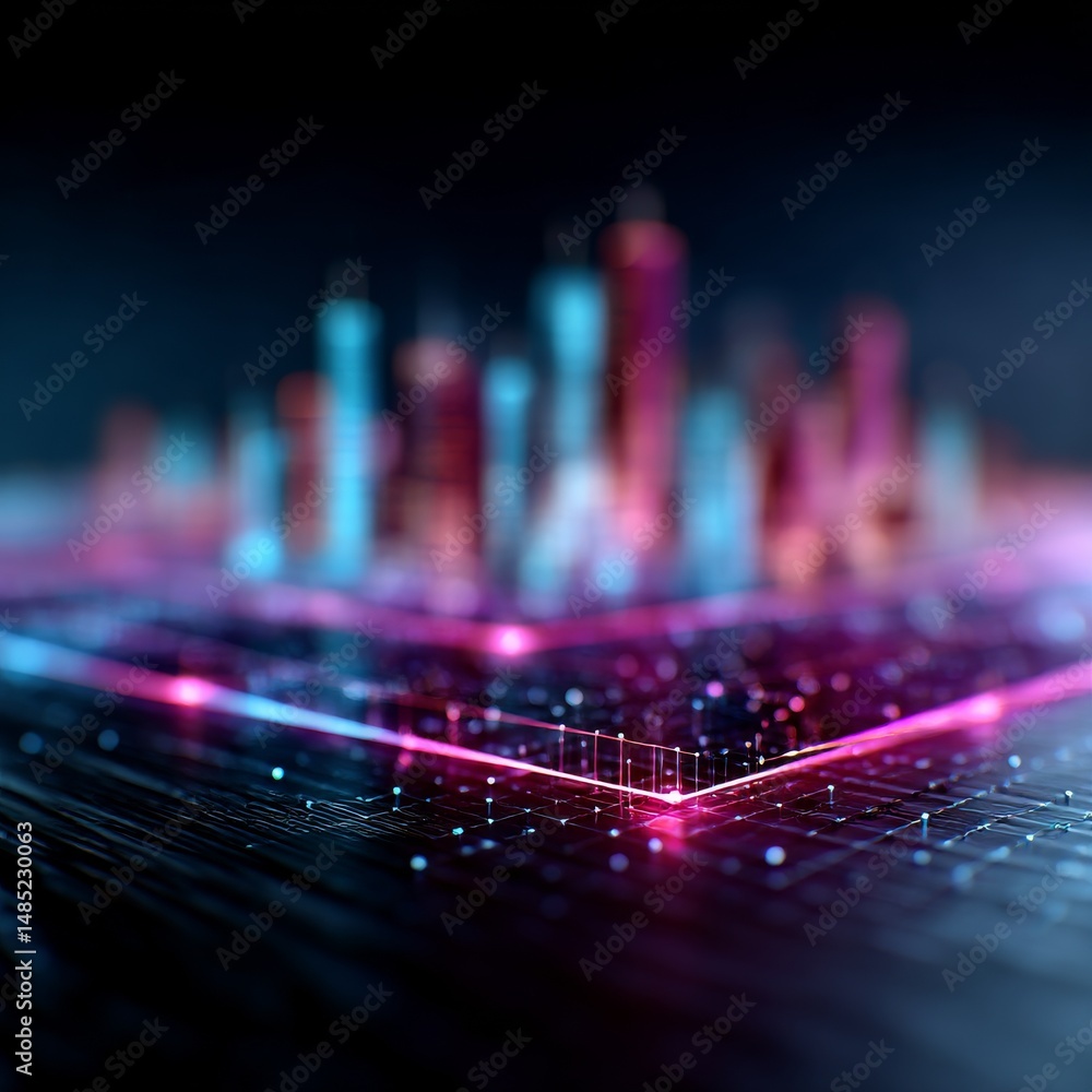 Poster Futuristic Digital Cityscape: Abstract Network Connection with Neon Lights and Cyberpunk Architecture