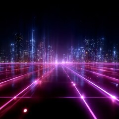 Futuristic Cityscape with Glowing Pink Gridlines and Reflections: A Cyberpunk Metropolis at Night