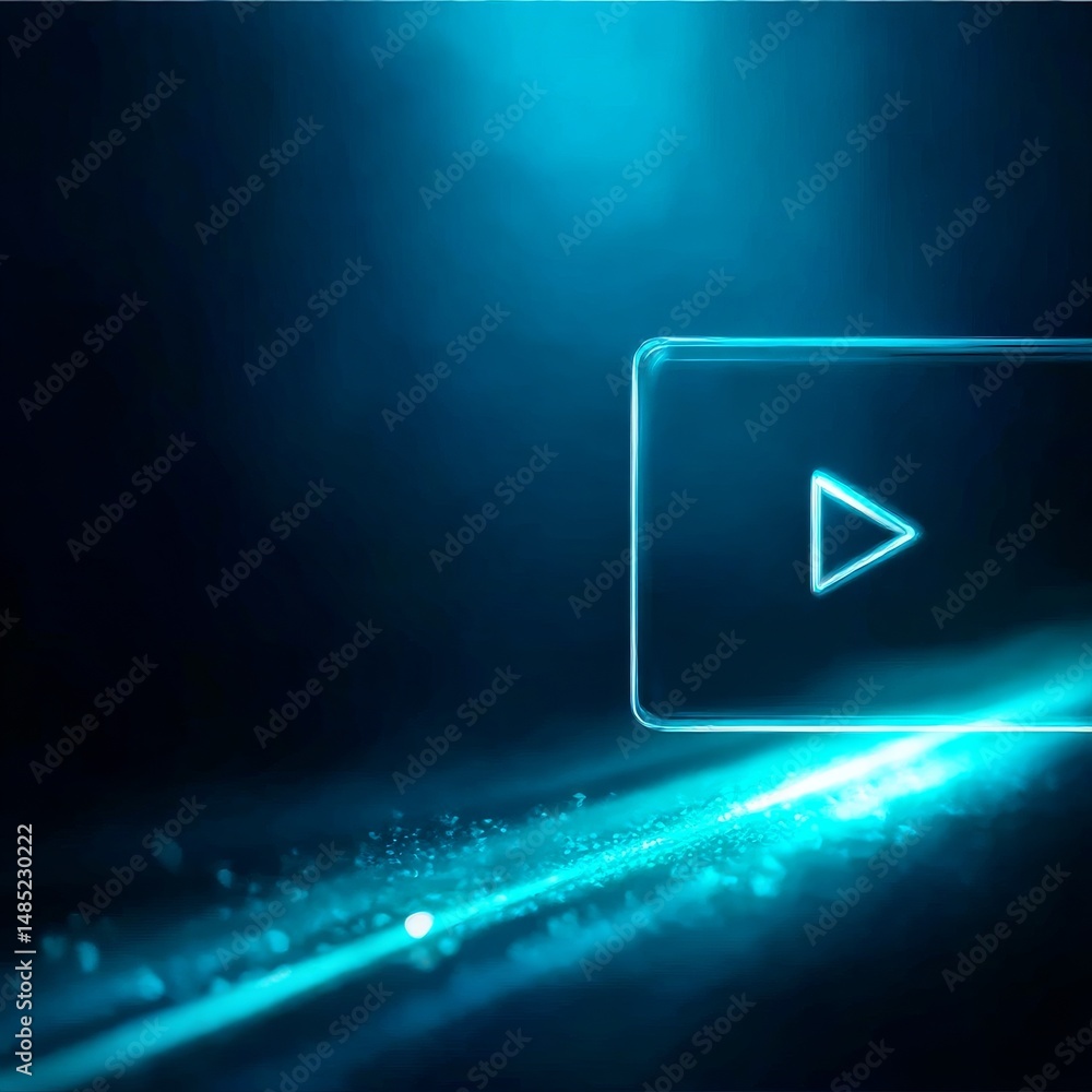 Poster glowing play button icon with light streaks on dark blue background creates a techy and modern desig