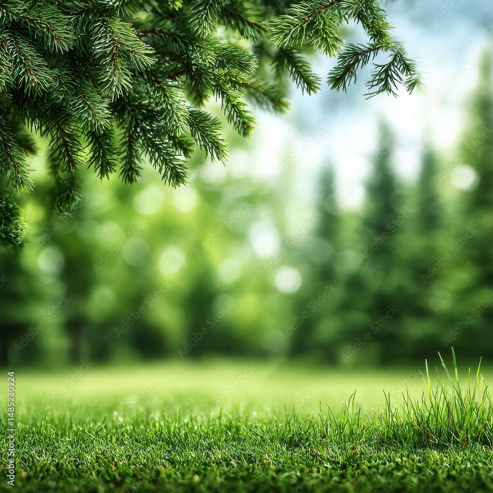 Poster Green Forest Glimpse: A Serene View of Verdant Trees and Grass with Soft Sunlight Filtering Through Pine Needles