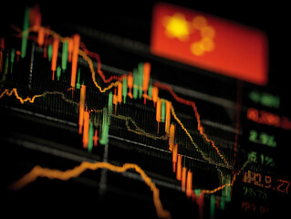 abstract visualization over a blurred chinese flag, showing dynamic economic trends and data networks,