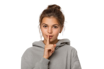  young woman signaling for silence with her finger over her lips isolated on white background