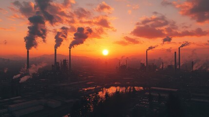 Industrial landscape with smokestacks against a fiery sunset, dark buildings and smoke